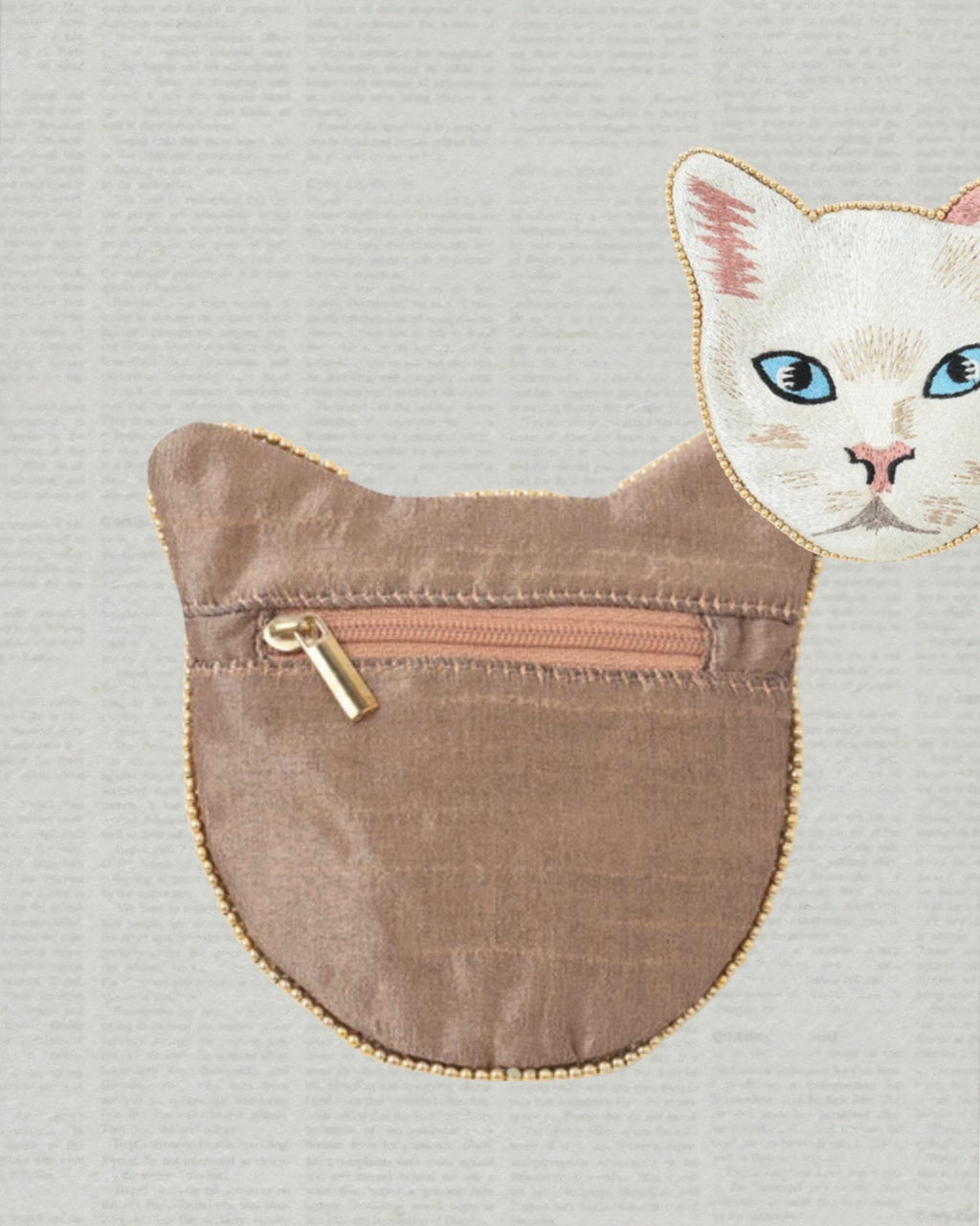 印度職人手作_珠繡貓咪扁平收納包