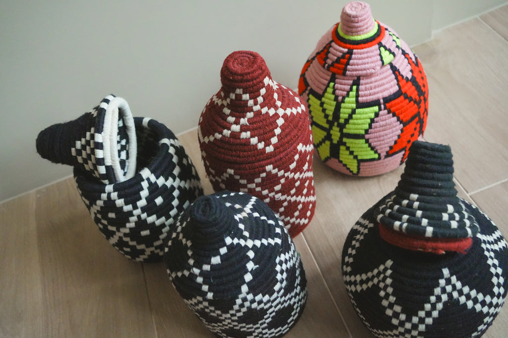 北非手工藝【C】Smal 草編彩織置物籃 (帶蓋)_大菱形_黑